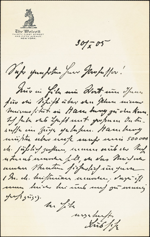 Bussche-Haddenhausen, Hilmar, 1867-1939 autograph letter signed to Hugo Münsterberg, Lenox, Mass., 30 October 1905