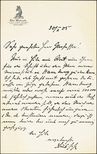 Bussche-Haddenhausen, Hilmar, 1867-1939 autograph letter signed to Hugo Münsterberg, Lenox, Mass., 30 October 1905