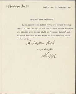 Bussche-Haddenhausen, Hilmar, 1867-1939 typed letter signed to Hugo Münsterberg, Berlin, 10 December 1906