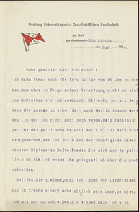 Bussche-Haddenhausen, Hilmar, 1867-1939 typed letter signed to Hugo Münsterberg, S.S.Cap Arcona, 3 March 1910