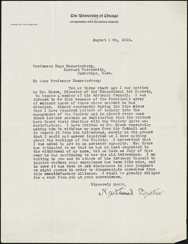 Butler, Nathaniel, 1853-1927 typed letter signed to Hugo Münsterberg, Chicago, 12 August 1913