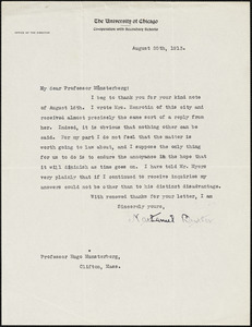 Butler, Nathaniel, 1853-1927 typed letter signed to Hugo Münsterberg, Chicago, 20 August 1913