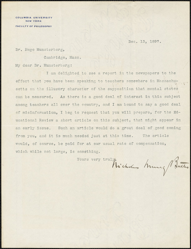 Butler, Nicholas Murray, 1862-1947 typed letter signed to Hugo Münsterberg, New York, 13 December 1897