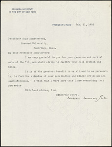Butler, Nicholas Murray, 1862-1947 typed letter signed to Hugo Münsterberg, New York, 11 January 1902