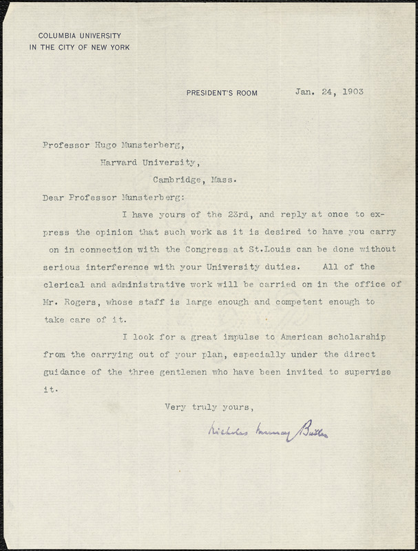 Butler, Nicholas Murray, 1862-1947 typed letter signed to Hugo Münsterberg, New York, 24 January 1903