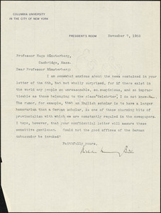 Butler, Nicholas Murray, 1862-1947 typed letter signed to Hugo Münsterberg, New York, 7 November 1903