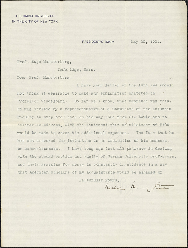 Butler, Nicholas Murray, 1862-1947 typed letter signed to Hugo Münsterberg, New York, 20 May 1904