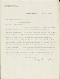Butler, Nicholas Murray, 1862-1947 typed letter signed to Hugo Münsterberg, New York, 20 May 1904