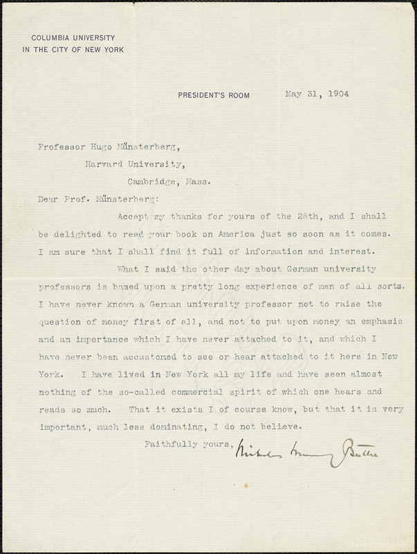 Butler, Nicholas Murray, 1862-1947 typed letter signed to Hugo Münsterberg, New York, 31 May 1904
