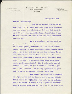 Bynner, Witter, 1881-1968 typed letter signed to Hugo Münsterberg, New York, 19 January 1904