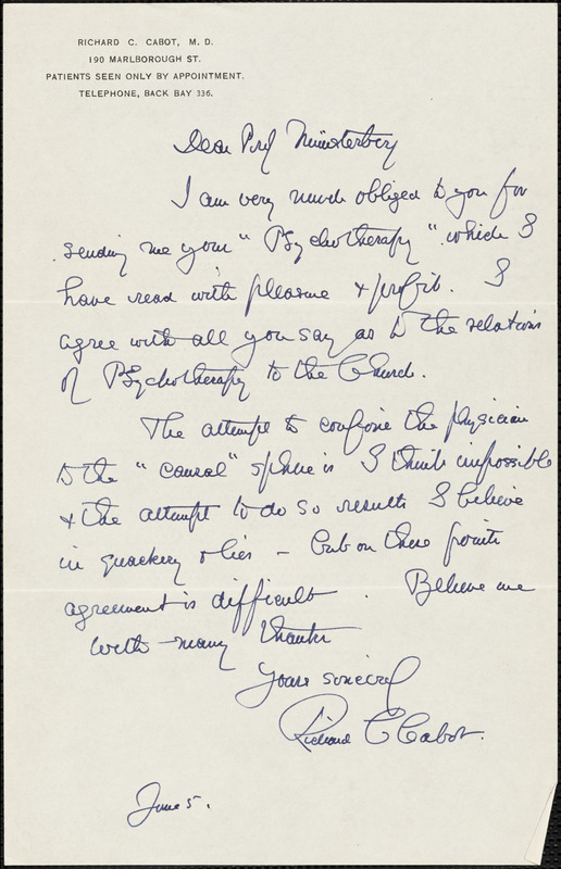 Cabot, Richard Clarke, 1868-1939 autograph letter signed to Hugo Münsterberg, Boston, 5 June [1909]