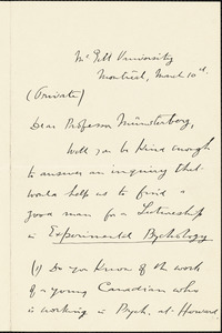 Caldwell, William, 1863- autograph letter signed to Hugo Münsterberg, Montreal, 10 March [1909]