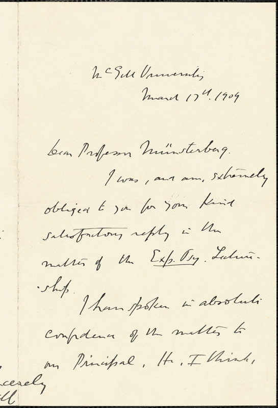 Caldwell, William, 1863- autograph letter signed to Hugo Münsterberg, Montreal, 17 March 1909