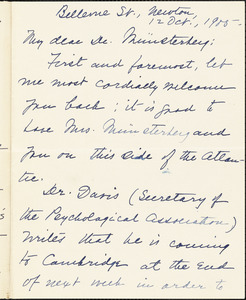 Calkins, Mary Whiton, 1863-1930 autograph letter signed to Hugo Münsterberg, Newton, Mass., 12 October 1905