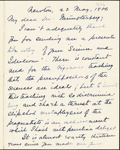 Calkins, Mary Whiton, 1863-1930 autograph letter signed to Hugo Münsterberg, Newton, Mass., 22 May 1906