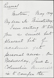 Calkins, Mary Whiton, 1863-1930 autograph letter signed to Hugo Münsterberg, Newton, Mass., May 1909