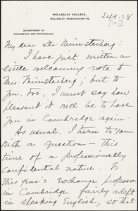 Calkins, Mary Whiton, 1863-1930 autograph letter signed to Hugo Münsterberg, Wellesley, Mass., 28 September [1911]