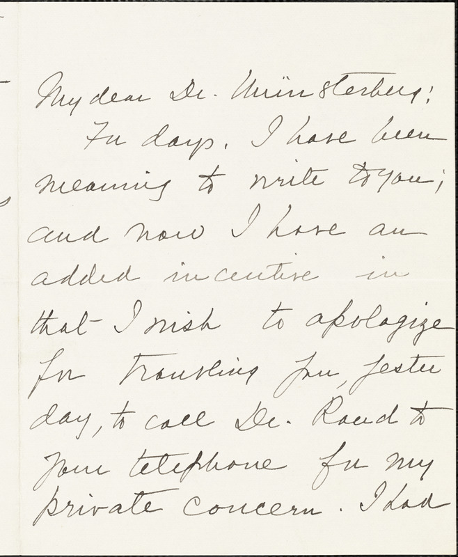 Calkins, Mary Whiton, 1863-1930 autograph letter signed to Hugo Münsterberg, Newton, Mass., 14 March [1912]
