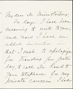 Calkins, Mary Whiton, 1863-1930 autograph letter signed to Hugo Münsterberg, Newton, Mass., 14 March [1912]