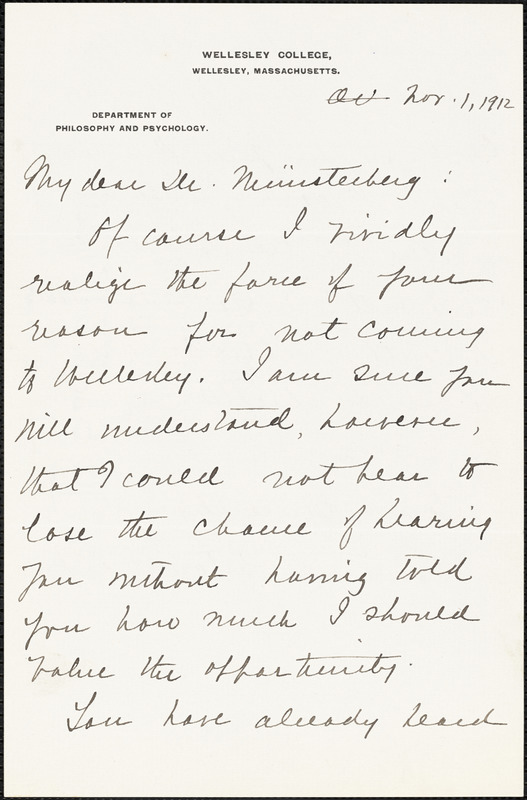 Calkins, Mary Whiton, 1863-1930 autograph letter signed to Hugo Münsterberg, Wellesley, Mass., 1 November 1912