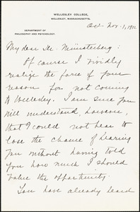 Calkins, Mary Whiton, 1863-1930 autograph letter signed to Hugo Münsterberg, Wellesley, Mass., 1 November 1912