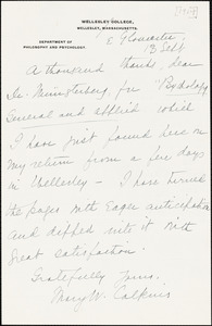 Calkins, Mary Whiton, 1863-1930 autograph letter signed to Hugo Münsterberg, E.Gloucester, Mass., 18 September [1914]