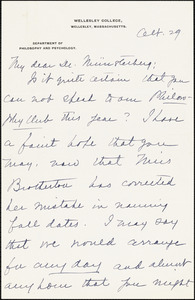 Calkins, Mary Whiton, 1863-1930 autograph letter signed to Hugo Münsterberg, Newton, Mass., 29 October