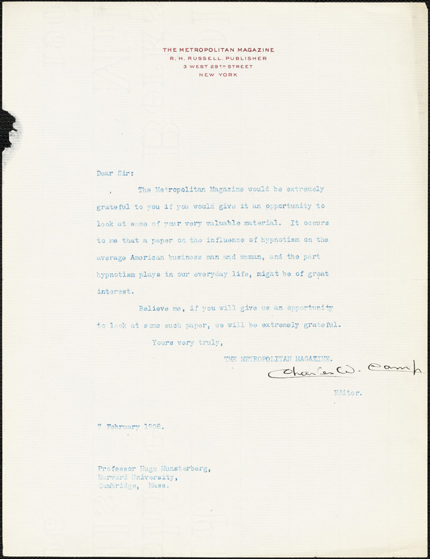 Camp, Charles Wadworth, 1879-1936 typed letter signed to Hugo Münsterberg, New York, 7 February 1908