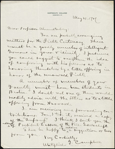 Campbell, Gilbert Whitney, 1833- autograph letter signed to Hugo Münsterberg, Hanover, N.H., 21 May 1909