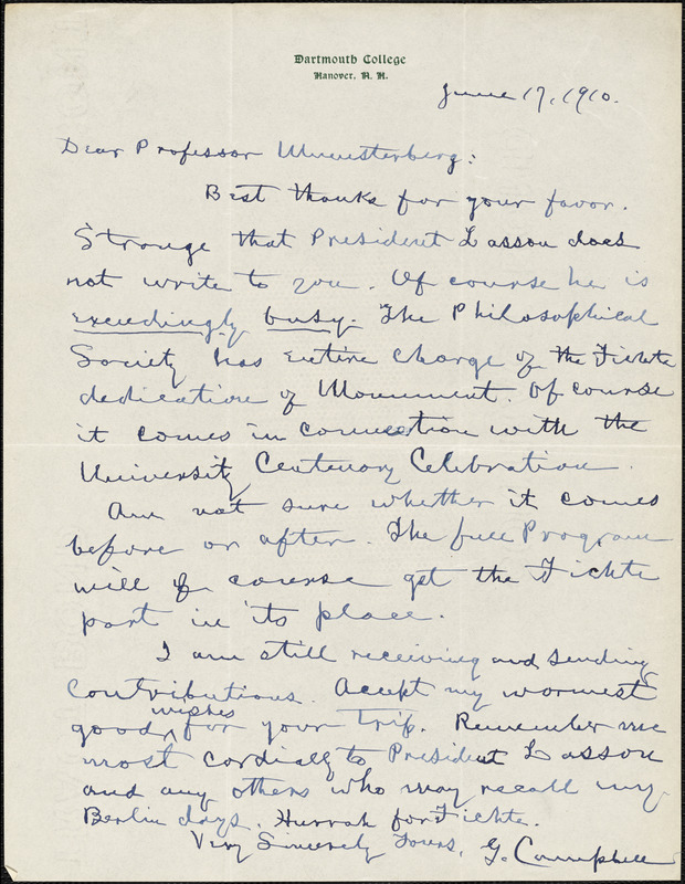Campbell, Gilbert Whitney, 1833- autograph letter signed to Hugo Münsterberg, Hanover, N.H., 17 June 1910