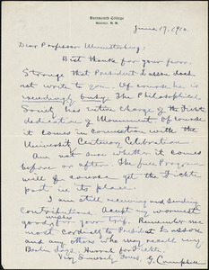 Campbell, Gilbert Whitney, 1833- autograph letter signed to Hugo Münsterberg, Hanover, N.H., 17 June 1910