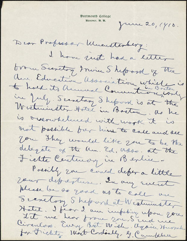 Campbell, Gilbert Whitney, 1833- autograph letter signed to Hugo Münsterberg, Hanover, N.H., 20 June 1910