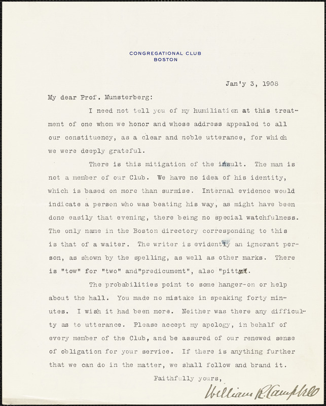 Campbell, William Rogers, 1855-1935 typed letter signed to Hugo Münsterberg, Boston, 3 January 1908