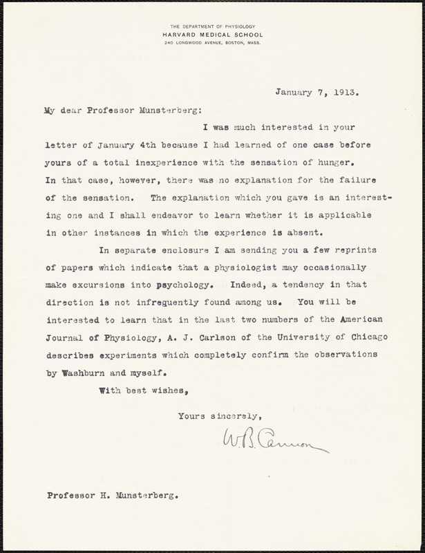 Cannon, Walter Bradford, 1871-1945 typed letter signed to Hugo Münsterberg, Boston, 07 January 1913