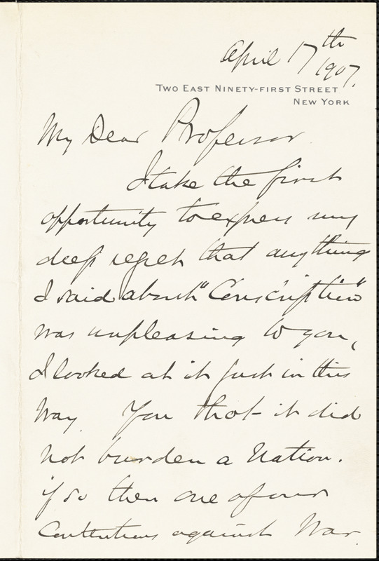 Carnegie, Andrew, 1835-1919 autograph letter signed to Hugo Münsterberg, New York, 17 April 1907