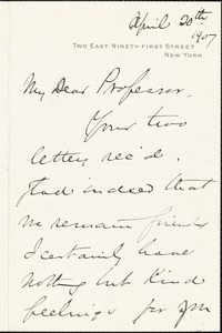 Carnegie, Andrew, 1835-1919 autograph letter signed to Hugo Münsterberg, New York, 20 April 1907