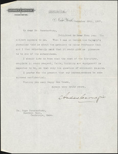 Carnegie, Andrew, 1835-1919 typed letter signed to Hugo Münsterberg, New York, 28 December 1907