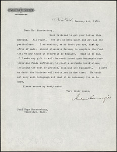 Carnegie, Andrew, 1835-1919 typed letter signed to Hugo Münsterberg, New York, 4 January 1908