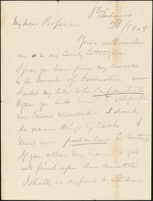Carnegie, Andrew, 1835-1919 autograph letter signed to Hugo Münsterberg, New York, 2 (?) 1908