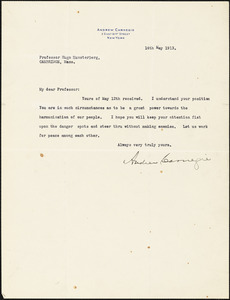 Carnegie, Andrew, 1835-1919 typed letter signed to Hugo Münsterberg, New York, 14 May 1913