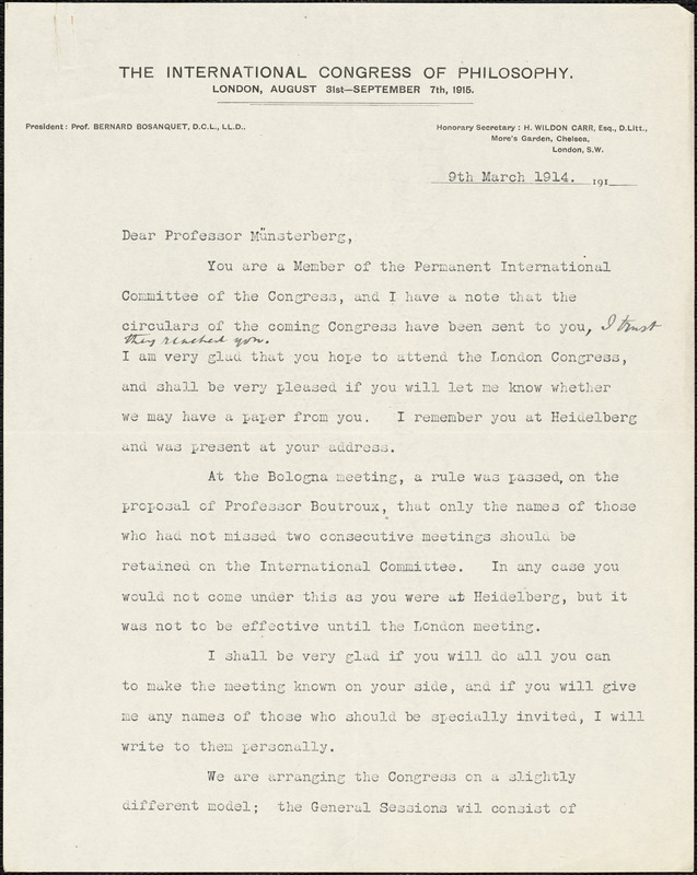 Carr, Herbert Wildon, 1857-1931 typed letter signed to Hugo Münsterberg, London, 09 March 1914