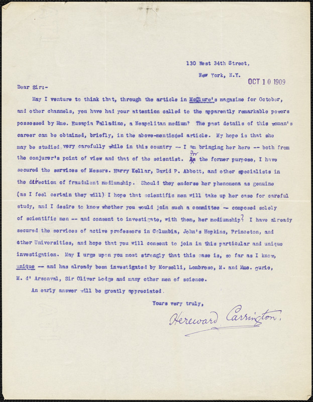 Carrington, Hereward, 1880-1959 typed letter signed to Hugo Münsterberg, New York, 10 October 1909