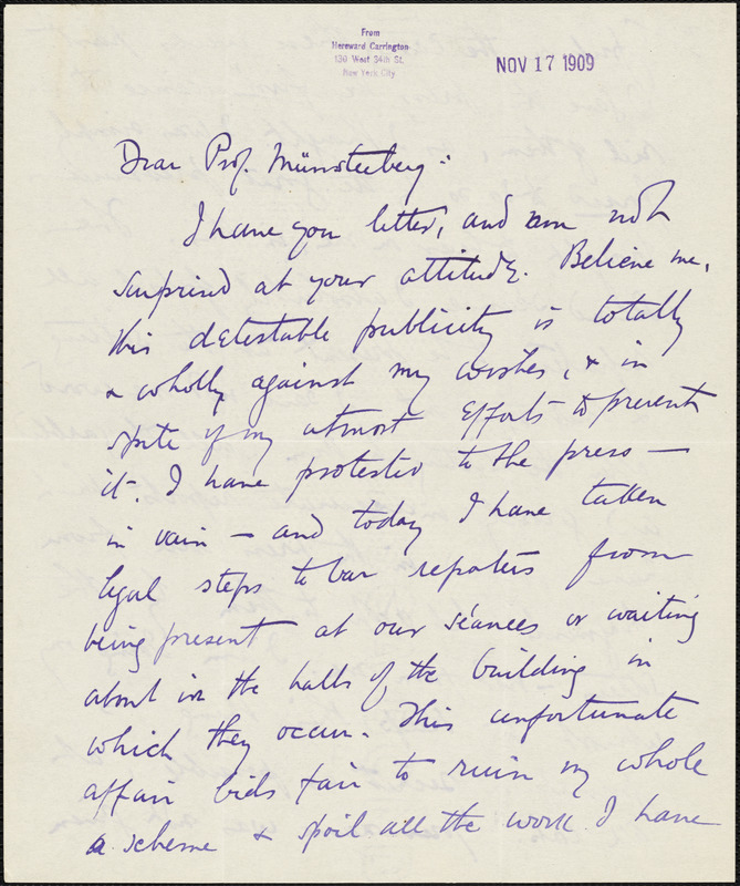 Carrington, Hereward, 1880-1959 autograph letter signed to Hugo Münsterberg, New York, 17 November 1909