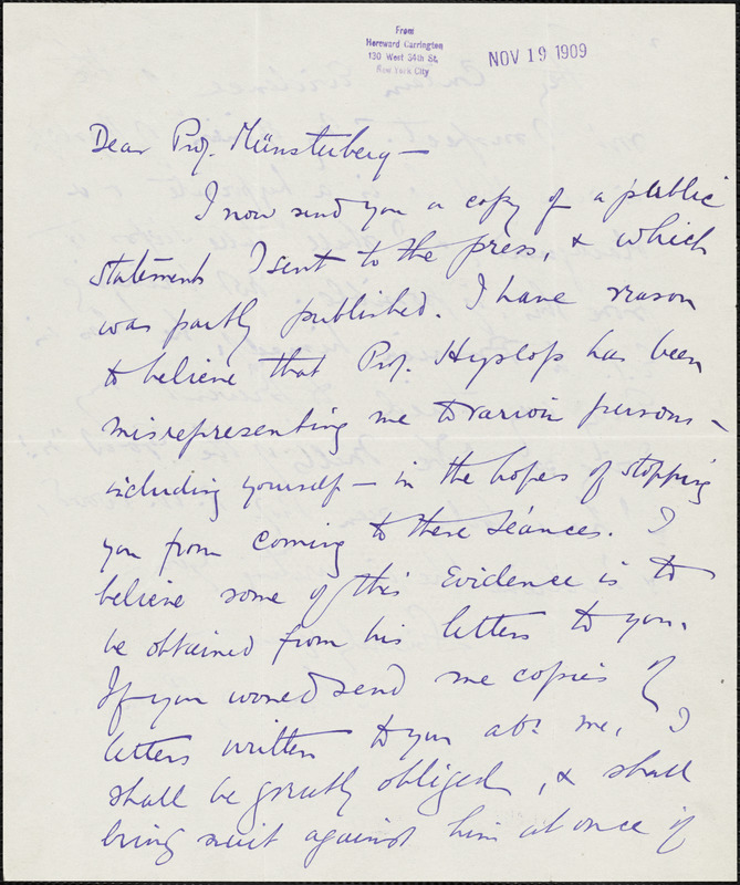 Carrington, Hereward, 1880-1959 autograph letter signed to Hugo Münsterberg, New York, 19 November 1909