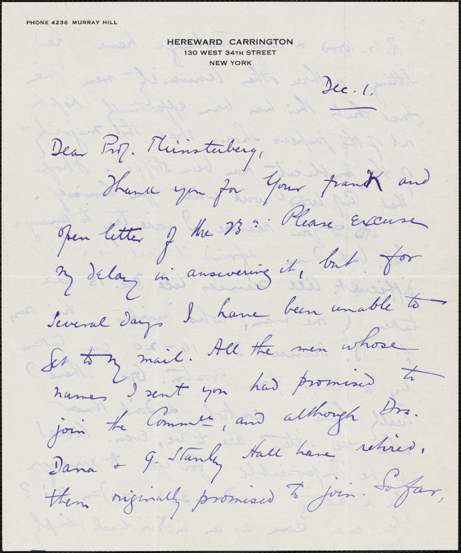 Carrington, Hereward, 1880-1959 autograph letter signed to Hugo Münsterberg, New York, 1 December [1909]
