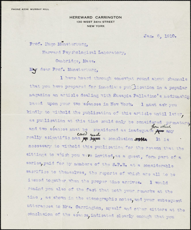 Carrington, Hereward, 1880-1959 typed letter signed to Hugo Münsterberg, New York, 6 January 1910