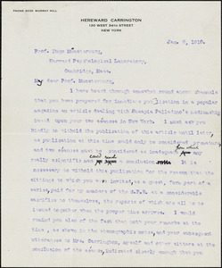 Carrington, Hereward, 1880-1959 typed letter signed to Hugo Münsterberg, New York, 6 January 1910
