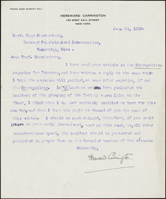 Carrington, Hereward, 1880-1959 typed letter signed to Hugo Münsterberg, New York, 24 January 1910