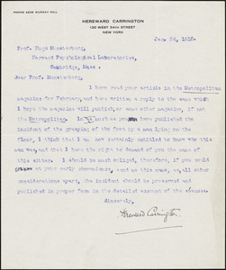 Carrington, Hereward, 1880-1959 typed letter signed to Hugo Münsterberg, New York, 24 January 1910