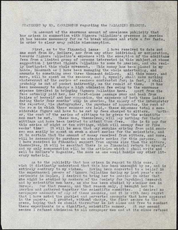 Manuscript document statement by Mr. Carrington regarding the Pallading Seances, New York, 18 November 1909